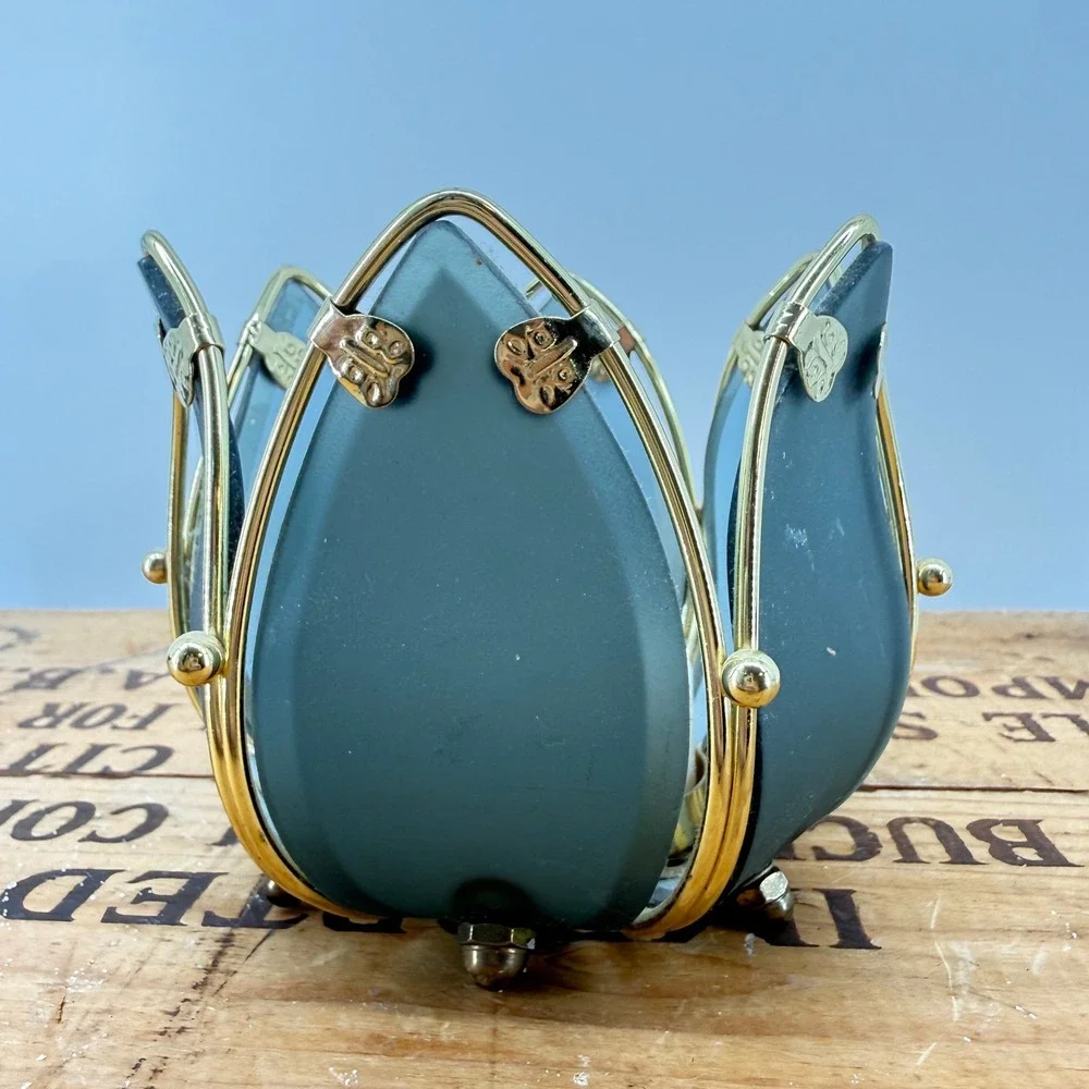 Art Deco Lotus Flower Candle Holder Vintage Floral Tea Light Gold Black